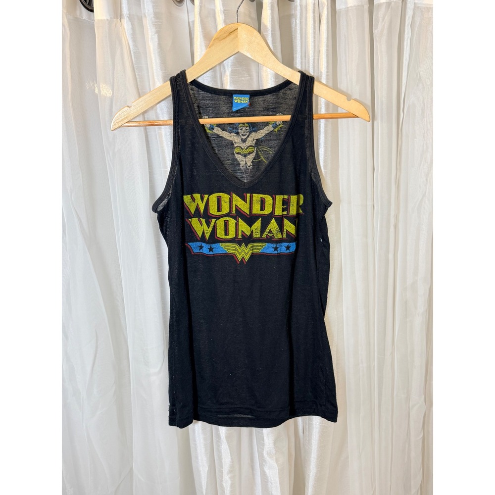 Wonder Woman Tank Top Womens 2 Black Burnout Graphic V-Neck DC Comics Logo